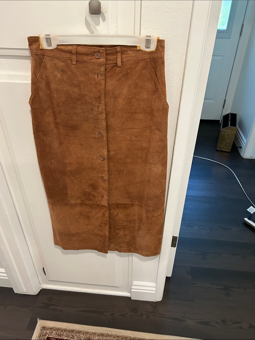Brown Suede Button-Front Midi Skirt